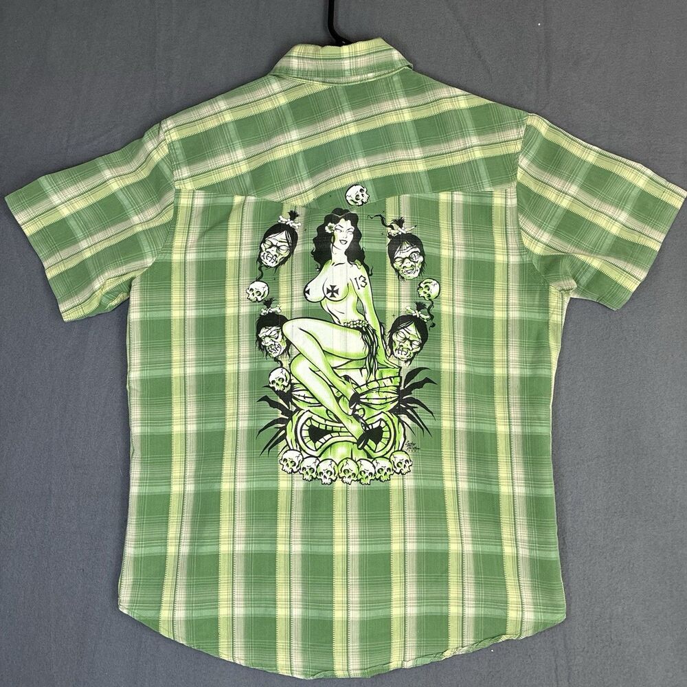 Lucky 13 Shirt Medium Green Plaid Pearl Snap Western Pin Up Girl Voodoo Vintage